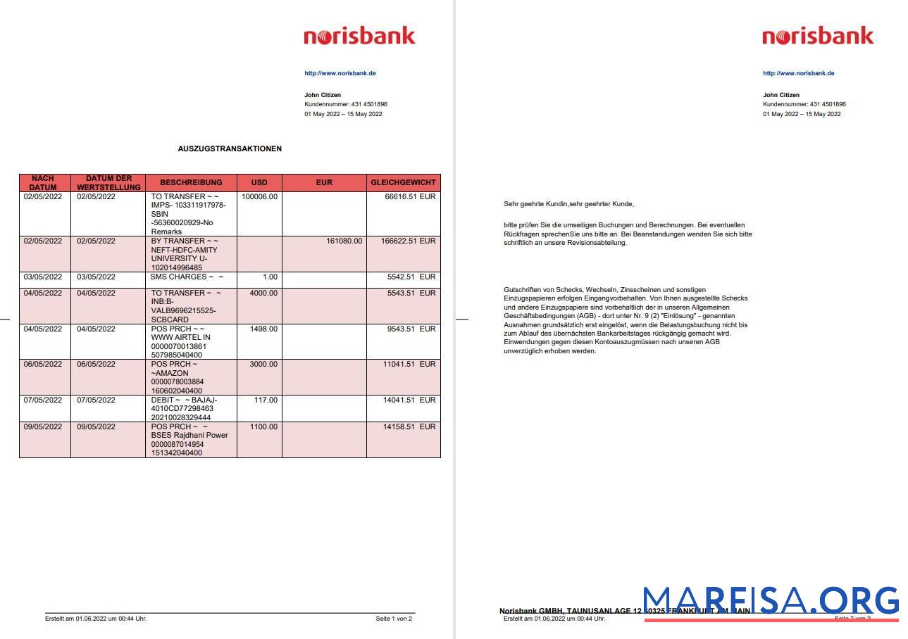 Realistic Germany Norisbank statement on Deutsch, 2 pages sample